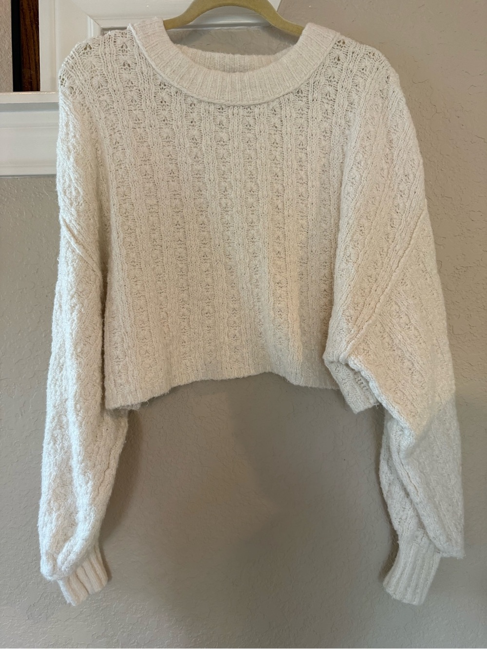 Urban Outfitters Cream Cable-Knit Cropped Crewneck Sweater